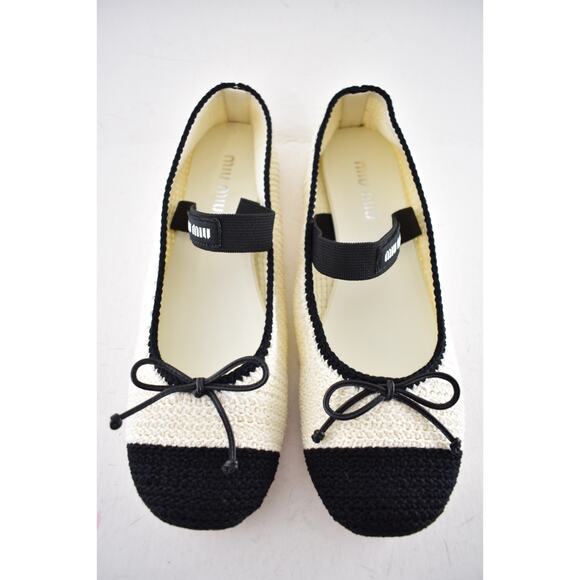 Miu Miu Crochet Knit Black White Bicolor Logo Strap Ballet Ballerina Flats 42 - Picture 11 of 16